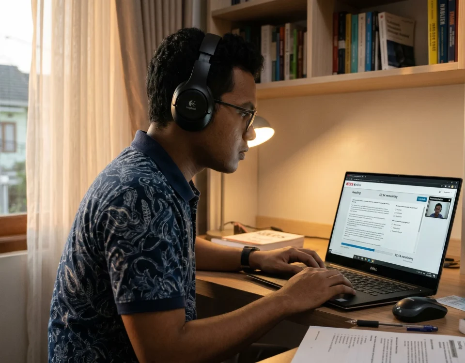 a person doing an IELTS exam on his laptop