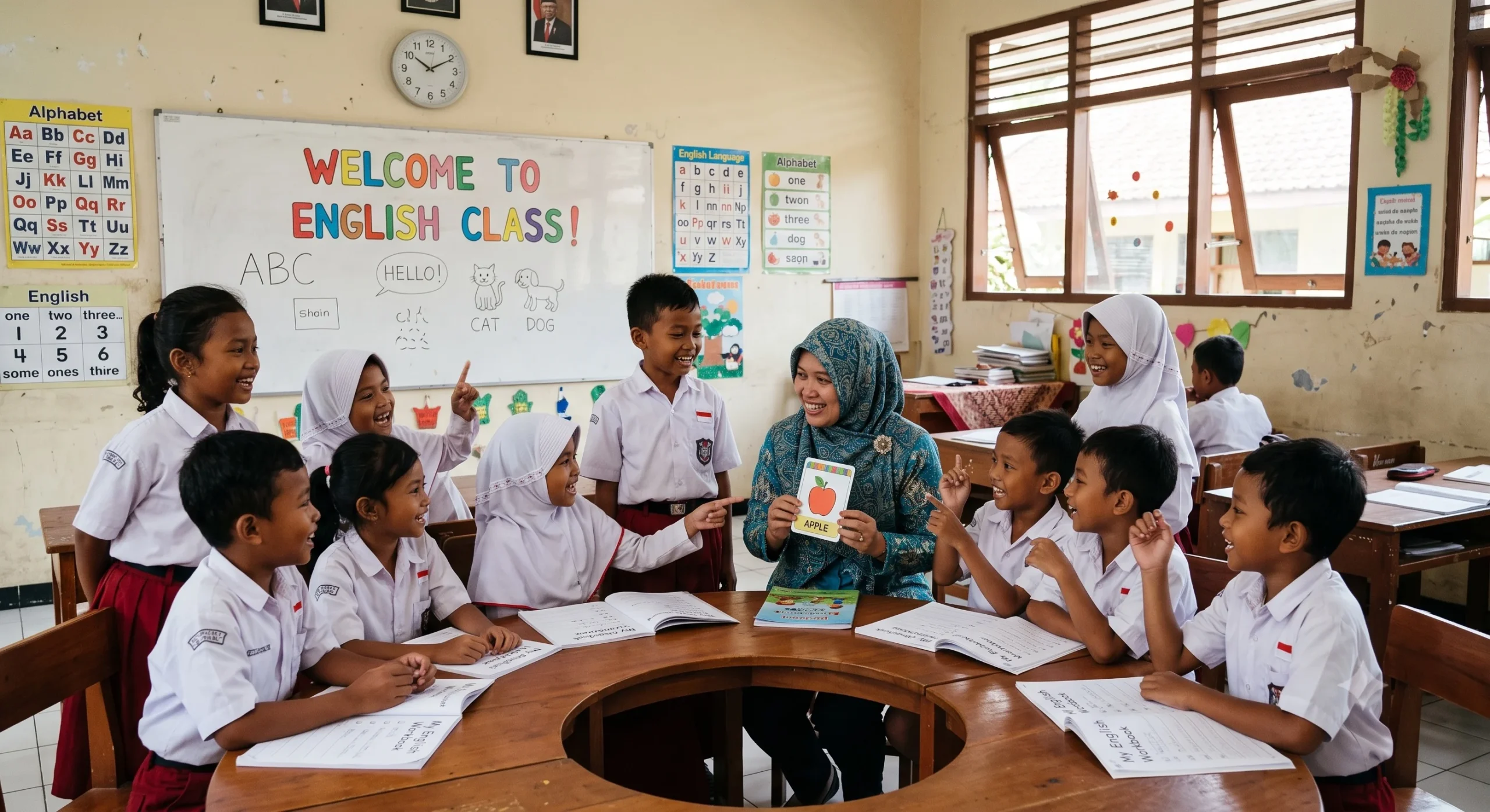 6-13 year old children are having an english class
