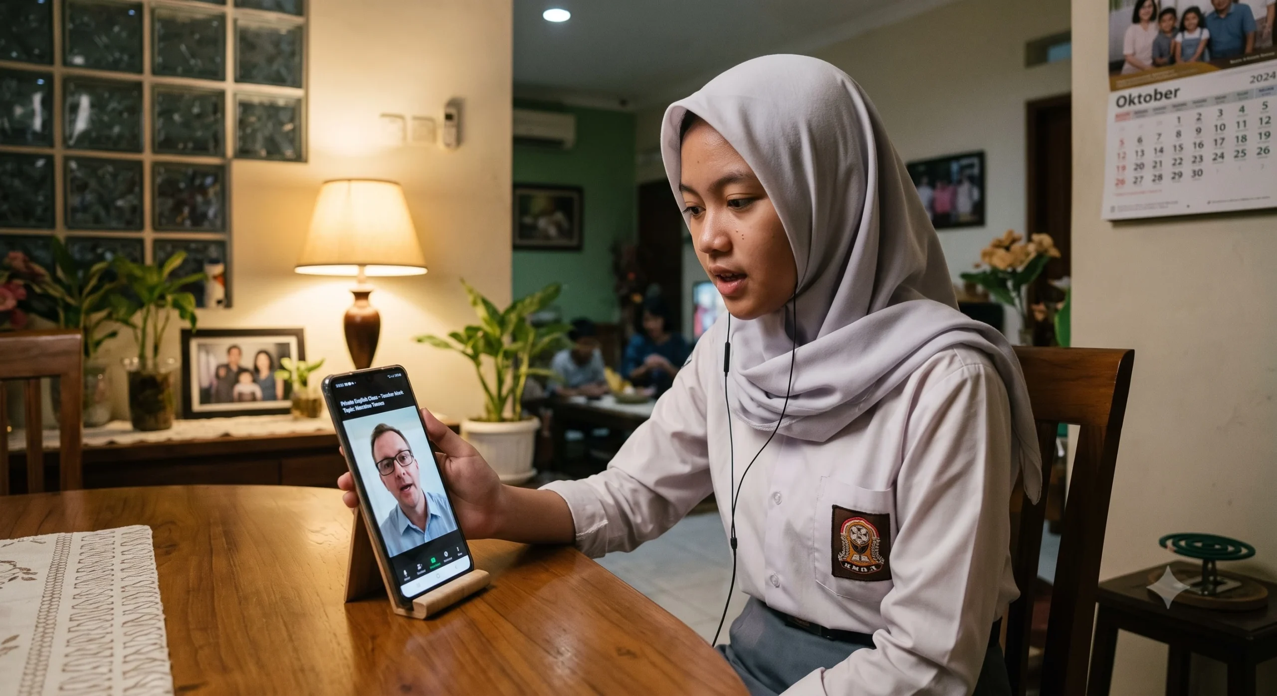 teenager having an online english class